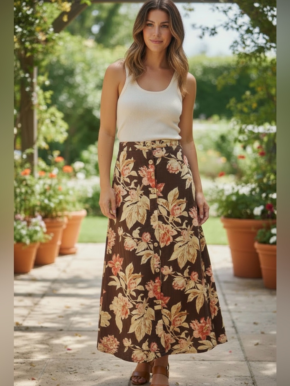 Chaps brown floral Aline linen long skirt 10 pockets front buttons cottage boho